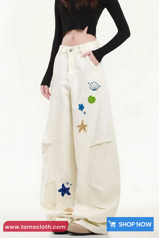 Loose Sea Themes Pattern Embroidered Casual Pants