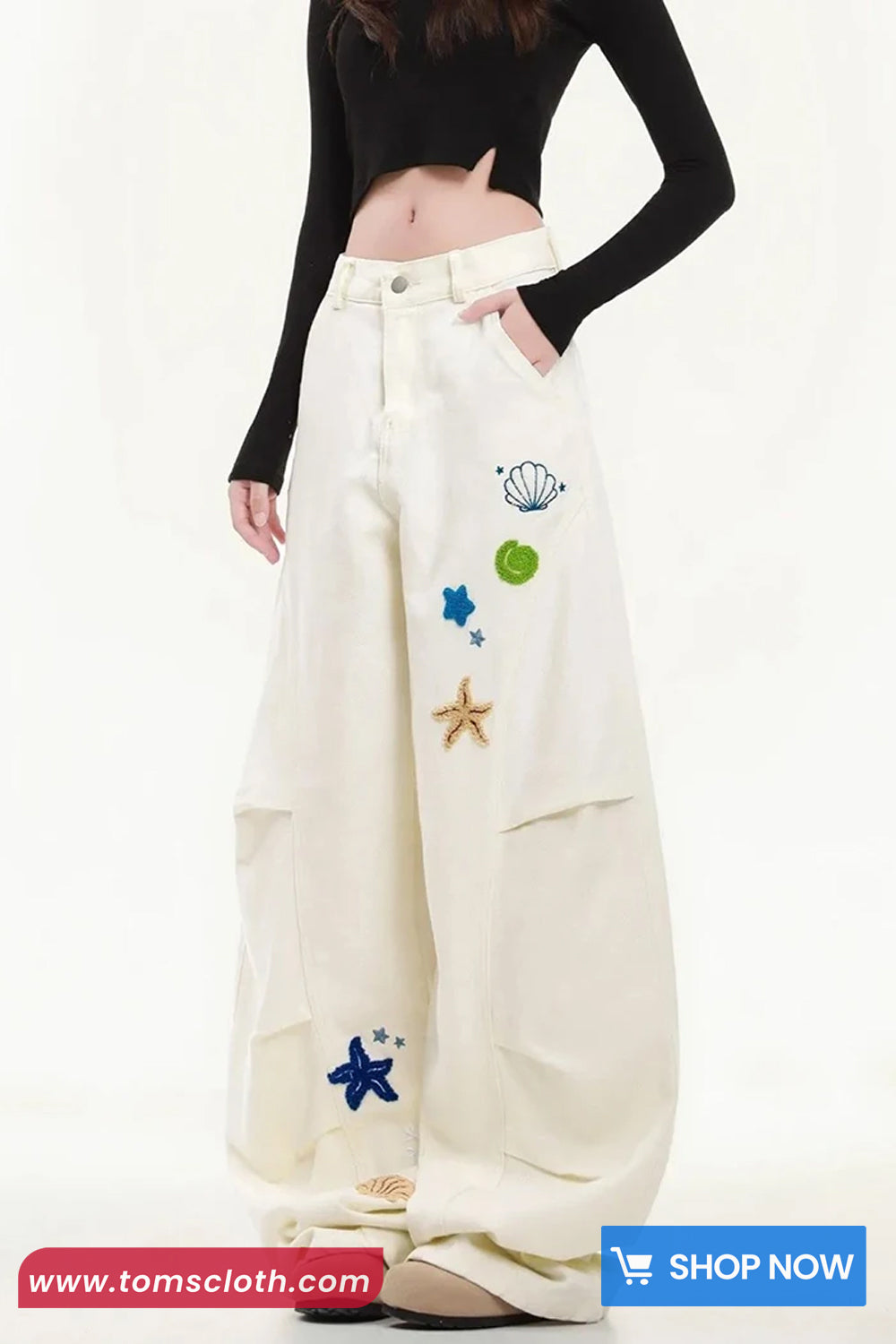 Loose Sea Themes Pattern Embroidered Casual Pants