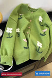 Long Sleeve Cute Floral Embroidered Knitted Green Cardigan Sweater