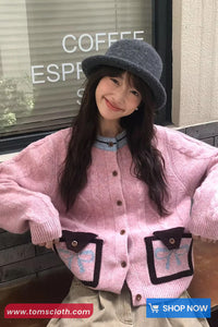 Long Sleeve Bow Pattern Knitted Cropped Cardigan Sweater