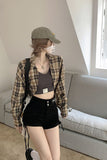 Retro Batwing Sleeve Cropped Plaid Shirts