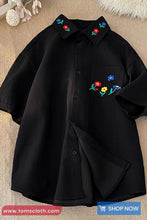 Short Sleeve Flower Embroidered Collar Blouse Shirt