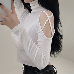 Long Sleeve Hollow Out Turtleneck Open Shirt