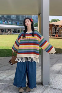 O-Neck Rainbow Striped Tassel Sweater