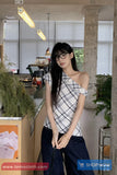 One Shoulder Retro Plaid Casual Shirt