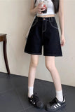 High Waist Bright Line Decoration Black Denim Shorts