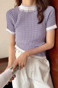 Short Sleeve Mock Neck Knitted Slim Shirt