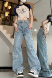 High Waist Stars Side Embroidered Jeans Pants
