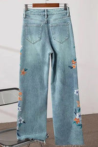 Retro Flowers Embroidered Long Jeans Pants