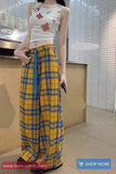 Retro Casual Yellow Plaid Long Pants