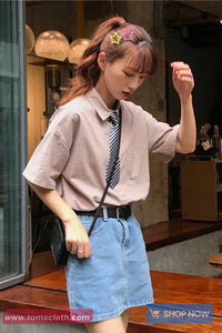 Short Sleeve Vintage Plaid Cute Tie Blouse Shirt