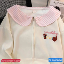 Long Sleeve Cute Plaid Peter Pan Collar Zipper Sweatshirt