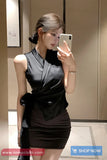 Sleeveless Side Folded V-Neck Satin Blouse Shirt