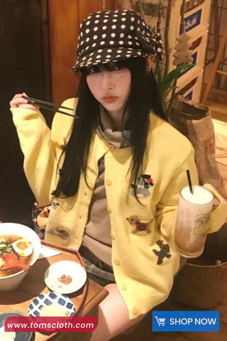 Long Sleeve Cute Puppy Embroidered Cardigan Sweater