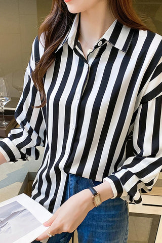Long Sleeve Retro Black White Striped Office Blouse Shirt