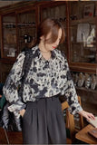 Long Sleeve Turn Down Collar Retro Pattern Blouse Shirt