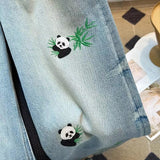 High Waist Retro Panda Embroidered Jeans Pants