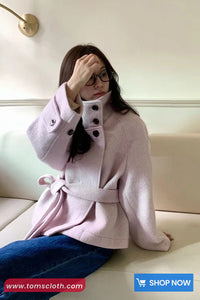 Loose Belted Woolen Blend Coat Jacket