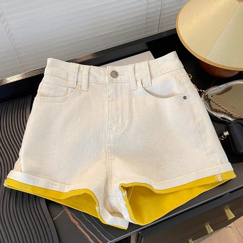 Casual White Contrasting Yellow Denim Shorts