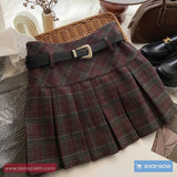 High Waist Retro Belted Plaid Pleated Mini Skirts