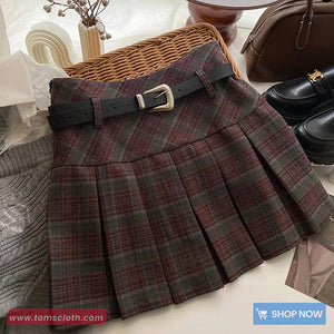 High Waist Retro Belted Plaid Pleated Mini Skirts