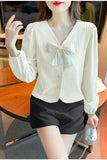 Long Sleeve V-Neck Bow Design Blouse Shirt