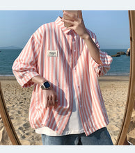Pink Striped Half Sleeve Men Blouse Shirt