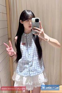 Sleeveless Blue Plaid Stand Collar Shirt