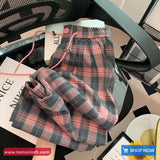 Elastic Waist Retro Pink Grey Plaid Pants