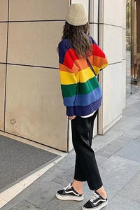 Long Sleeve Rainbow Striped Color Knitted Sweater