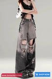 High Waist Hole Ripped Retro Gradient Grey Jeans Pants