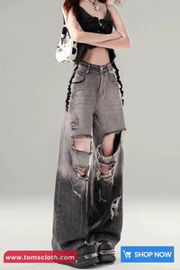 High Waist Hole Ripped Retro Gradient Grey Jeans Pants