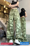 High Waist Stars Pattern Green Jeans Pants