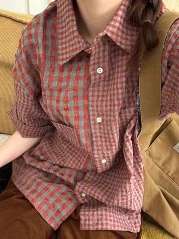 Short Sleeve Vintage Style Plaid Blouse Shirt