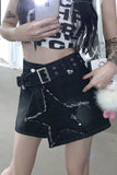 Belted Stars Pattern Embroidered Black Denim Skirts
