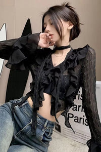 Long Sleeve Grunge Style Lace Cropped Shirt