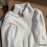 Long Sleeve Blue Striped O-Neck Zipper Cardigan Sweater