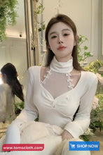 Long Sleeve High Neck Hollow Out Cropped Shirt
