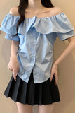 Slash Neck Ruffles Style Elegant Blouse Shirt