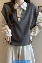 Long Sleeve Two Piece Style Striped Turn Down Collar Sweatshirt