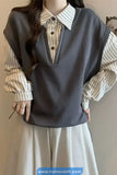 Long Sleeve Two Piece Style Striped Turn Down Collar Sweatshirt
