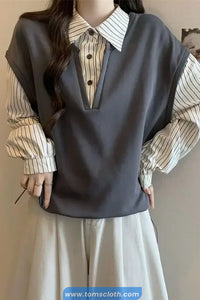 Long Sleeve Two Piece Style Striped Turn Down Collar Sweatshirt