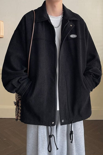 Loose Drawstring Zipper Corduroy Jacket