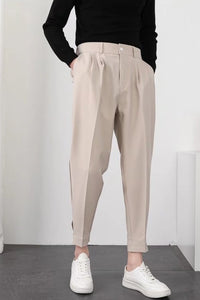 Elastic Waist Slim Pleated Long Men Pants