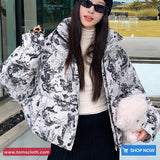 Loose Stand Collar Ink Painting Printed Parkas Coat Jacket