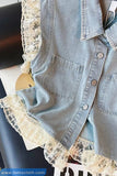 Loose Double Pockets Lace Patchwork Vest Tops