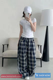 Loose Wide Leg Retro Blue Plaid Pattern Pants