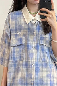 Short Sleeve Turn Down Collar Tie Dye Plaid Blouse Shirt