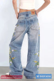 Retro Flowers Embroidered Women Jeans Pants