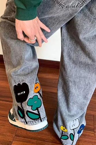 Cartoon Flower Back Embroidered Men Jeans Pants